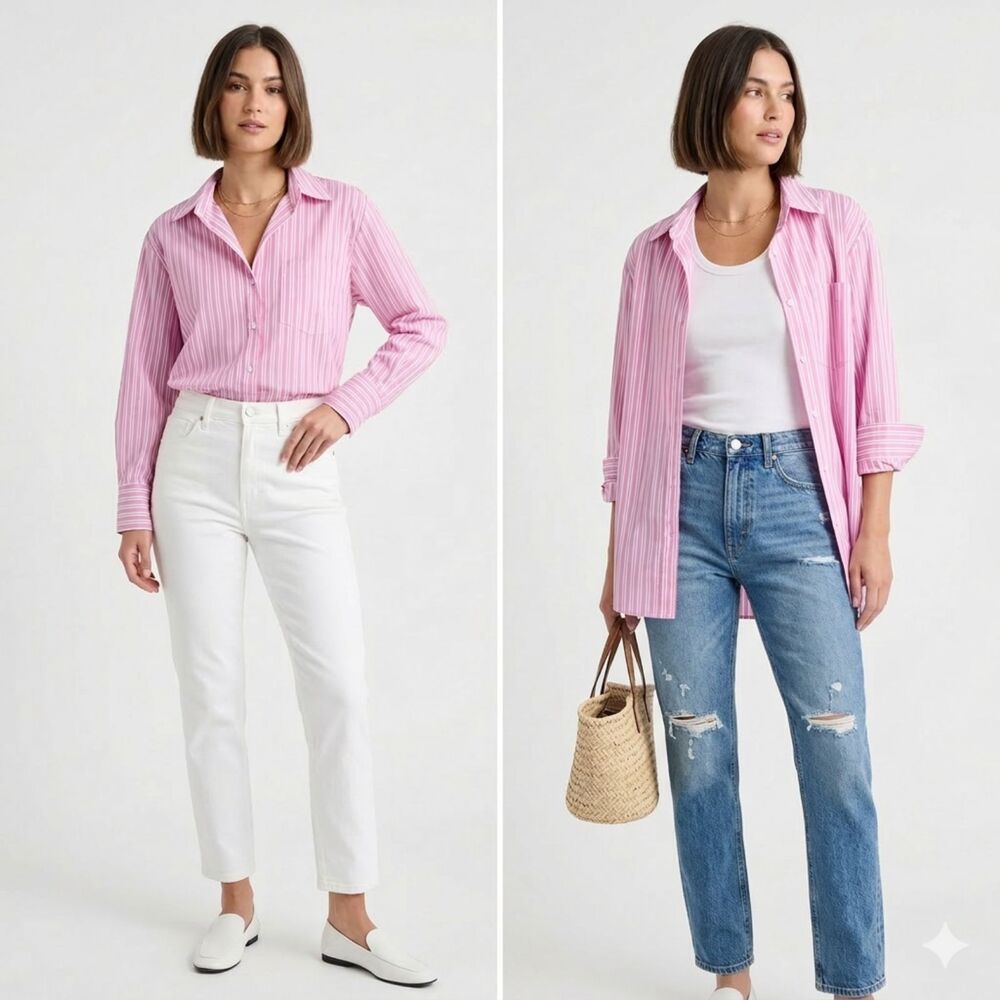 NEW Viens Avec Moi Seaside Long Sleeve Shirt Pink S Striped Career Minimalist